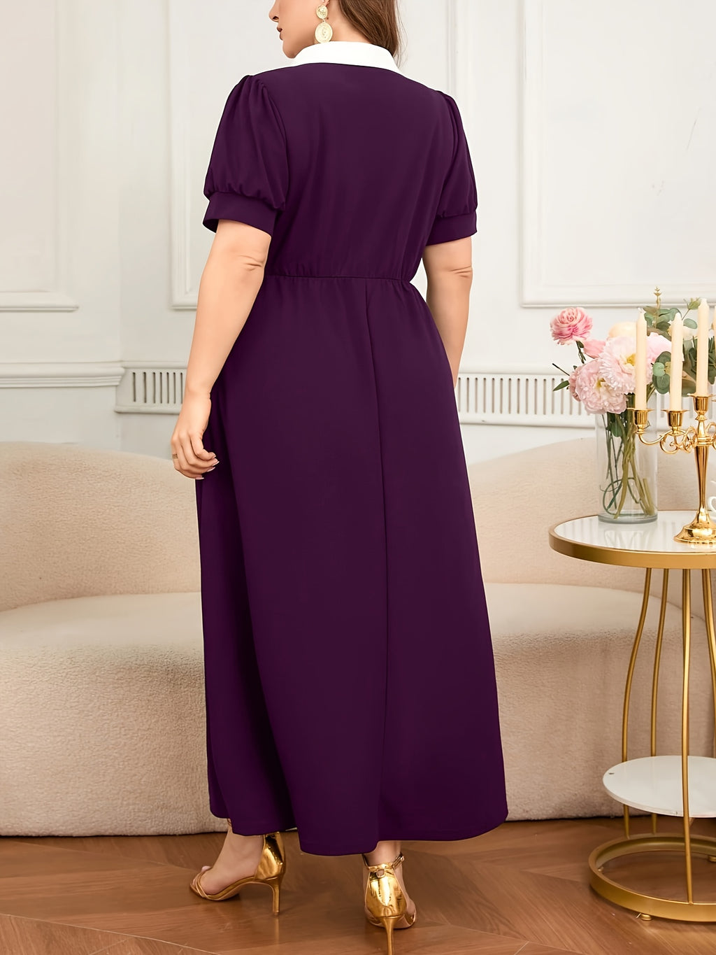 Robe longue grande taille — Col claudine blanc et poches