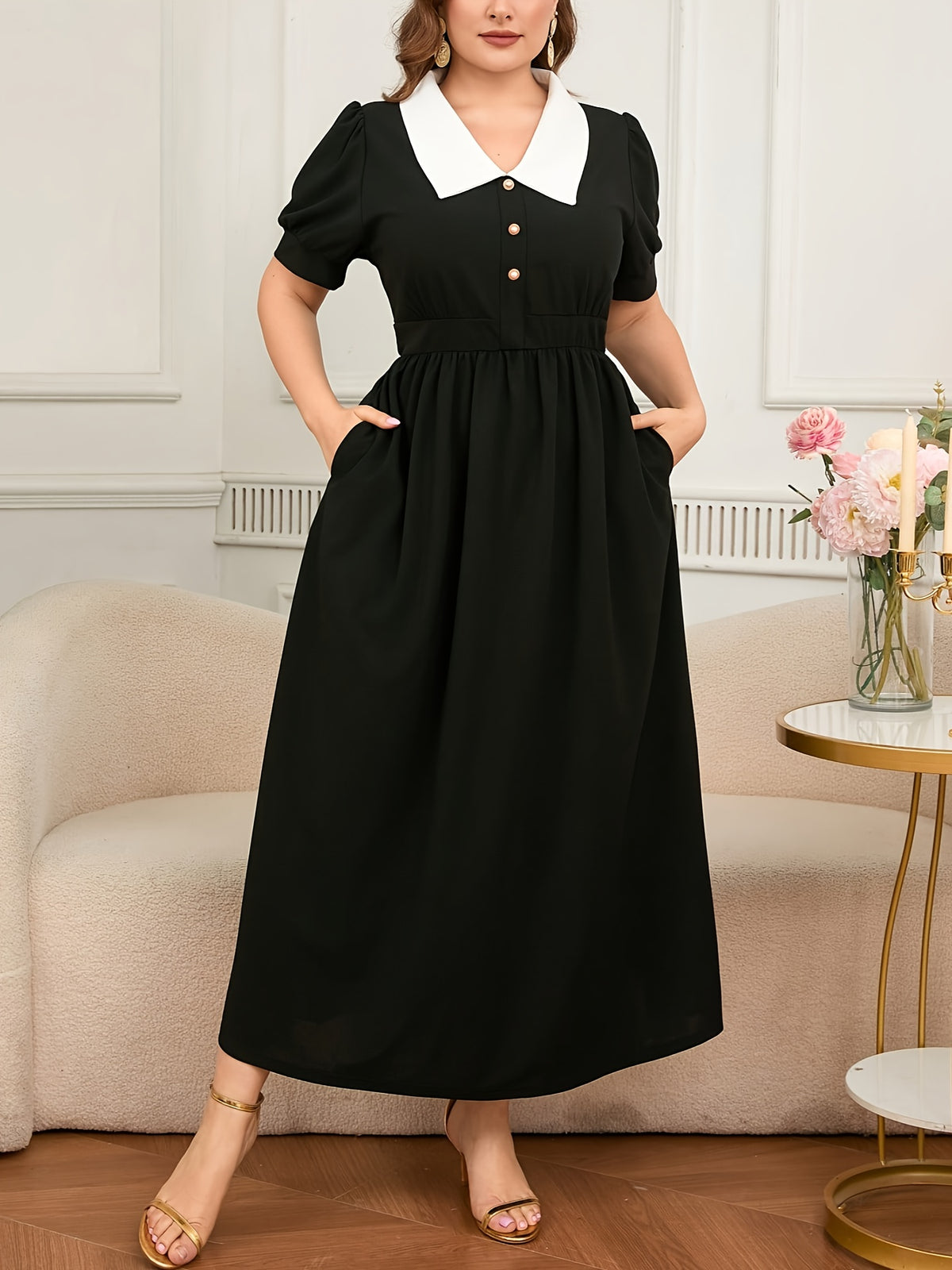 Robe longue grande taille — Col claudine blanc et poches