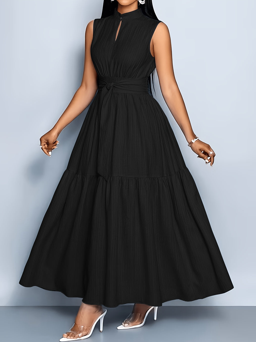 Robe longue grande taille — Col montant et ceinture nouée