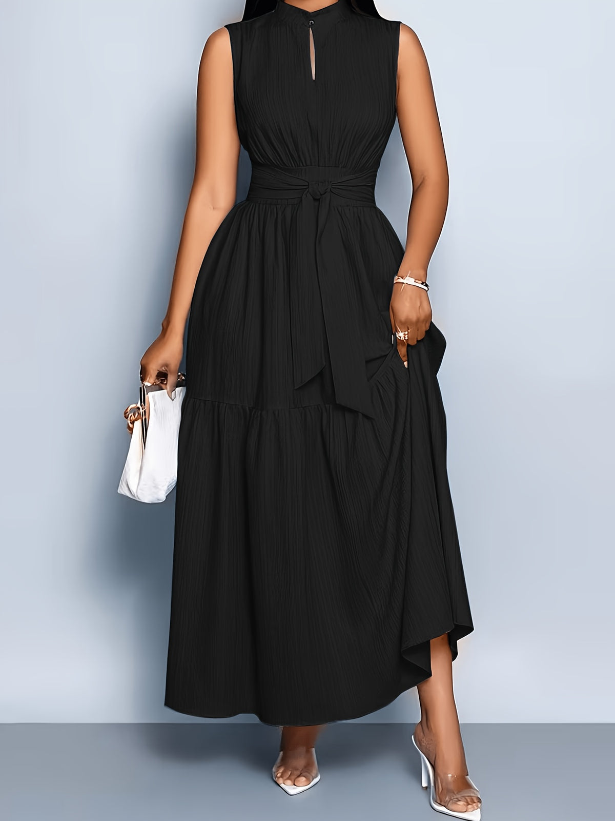 Robe longue grande taille — Col montant et ceinture nouée