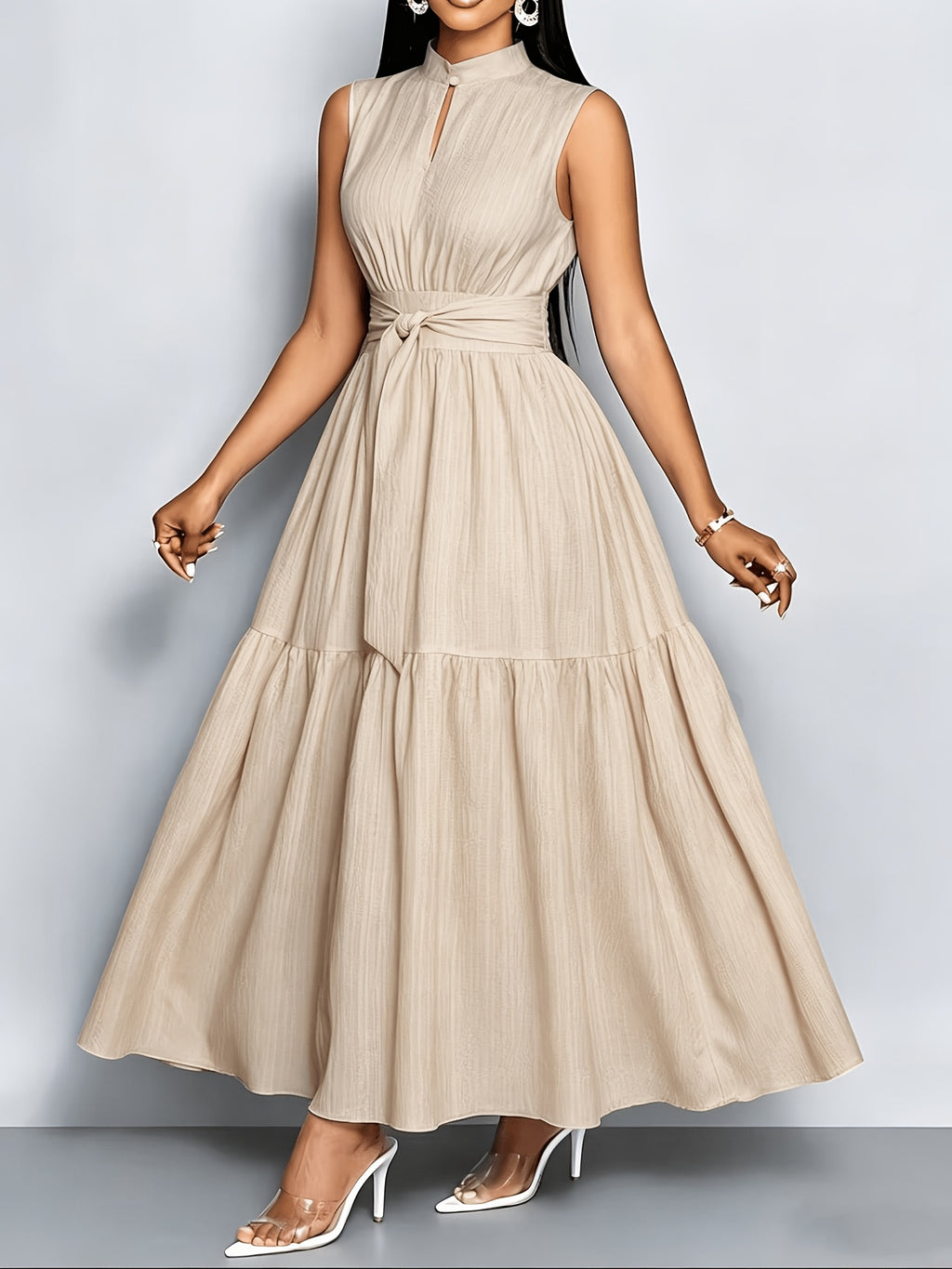 Robe longue grande taille — Col montant et ceinture nouée