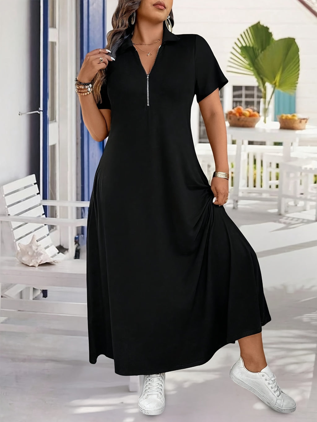 Robe longue grande taille, col polo zippé et maille fluide