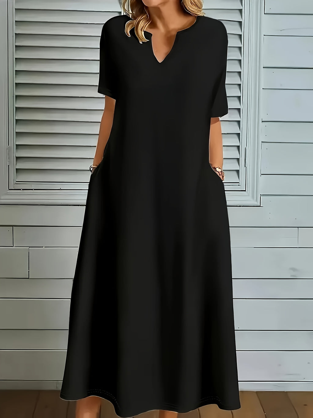 Robe longue grande taille — Col V fendu et poches latérales