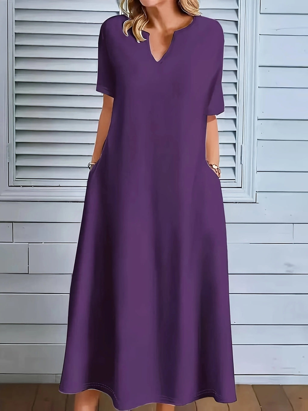 Robe longue grande taille — Col V fendu et poches latérales