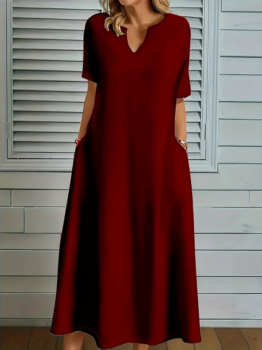 Robe longue grande taille — Col V fendu et poches latérales