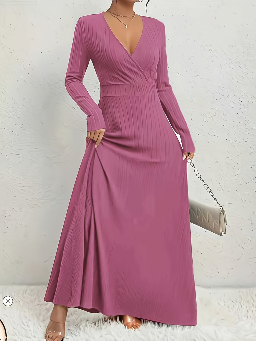 Robe longue grande taille — Décolleté croisé en maille côtelée