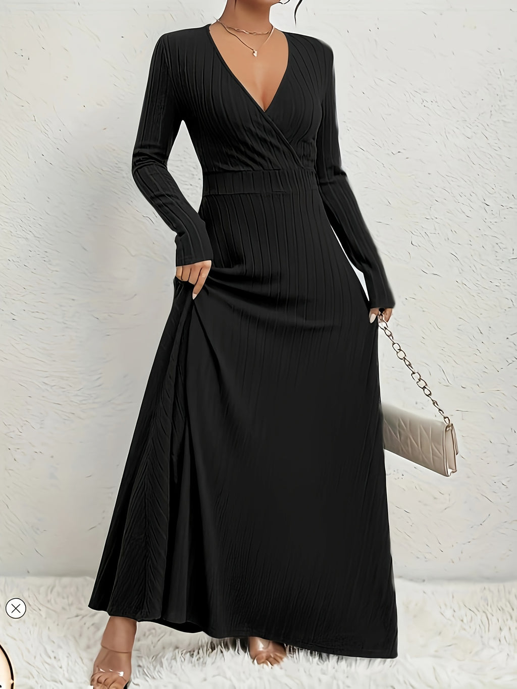 Robe longue grande taille — Décolleté croisé en maille côtelée