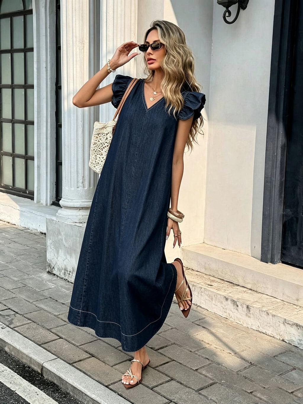 Robe longue grande taille — Denim brut à volants d'épaule