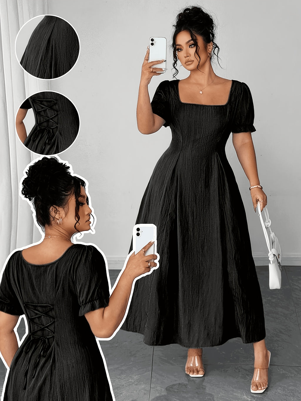 Robe longue grande taille — Col carré et dos lacé, noir
