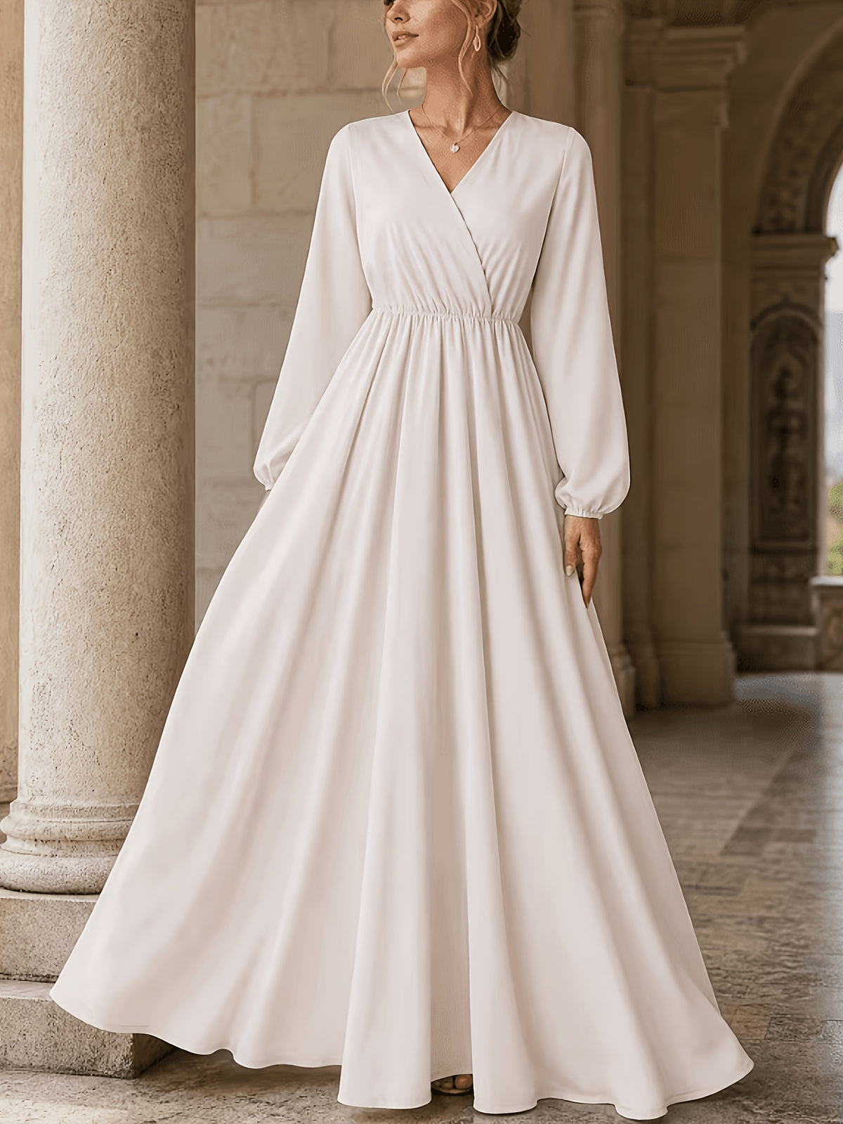 Robe longue grande taille — Écru croisé et manches ballon