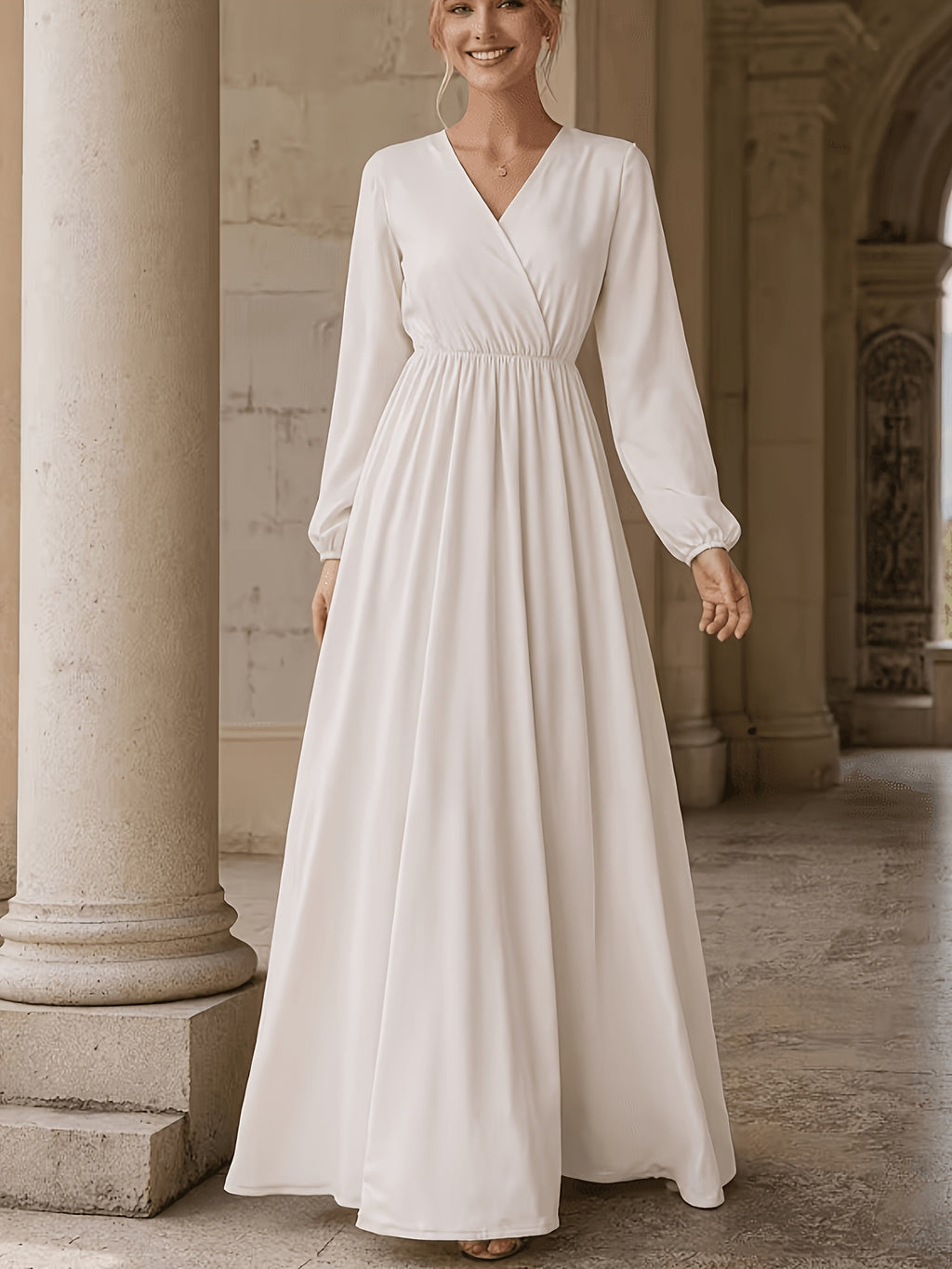 Robe longue grande taille — Écru croisé et manches ballon