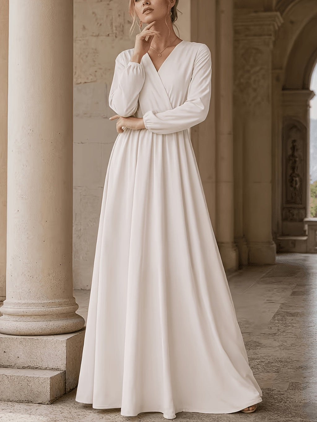 Robe longue grande taille — Écru croisé et manches ballon