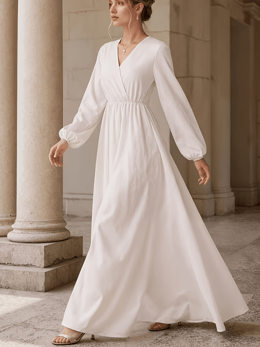 Robe longue grande taille — Écru croisé et manches ballon
