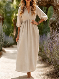 Robe longue grande taille — Manches ballon et col ouvert