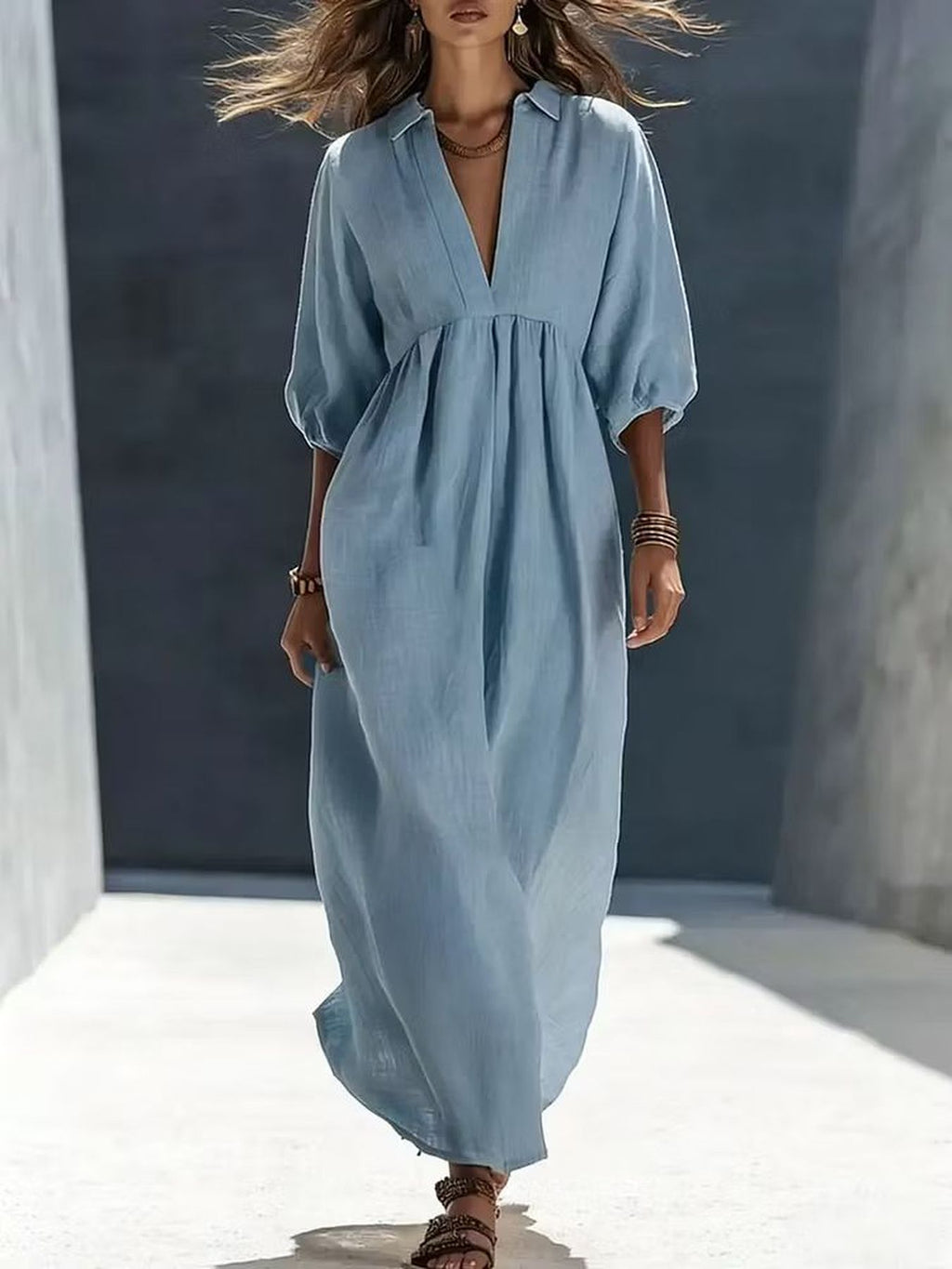 Robe longue grande taille — Manches ballon et col ouvert
