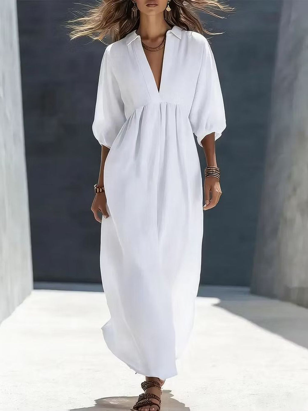 Robe longue grande taille — Manches ballon et col ouvert