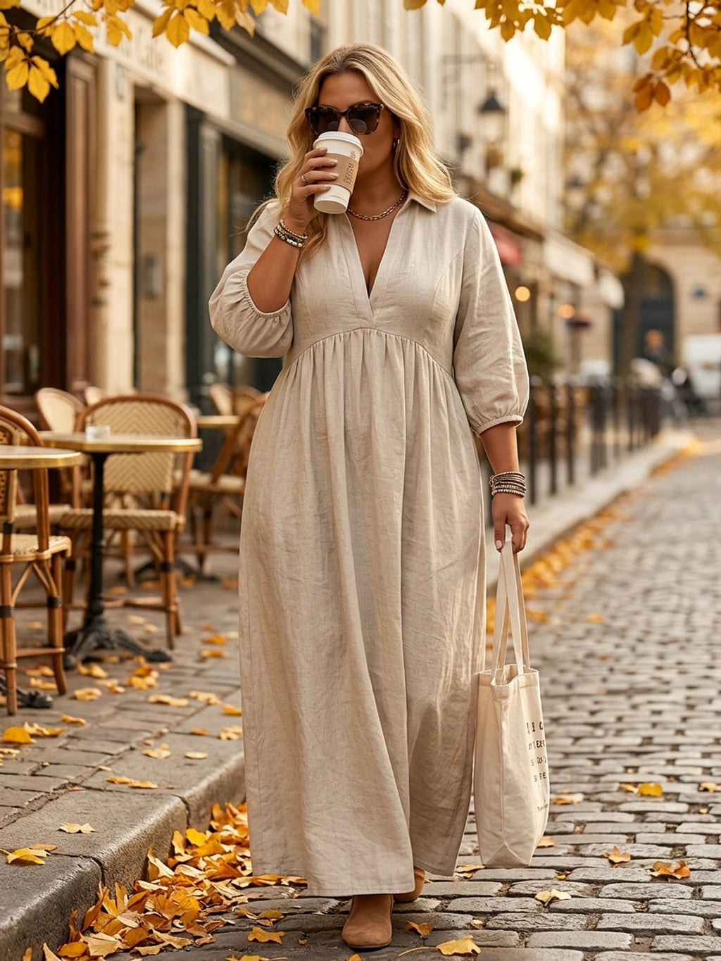 Robe longue grande taille — Manches ballon et col ouvert