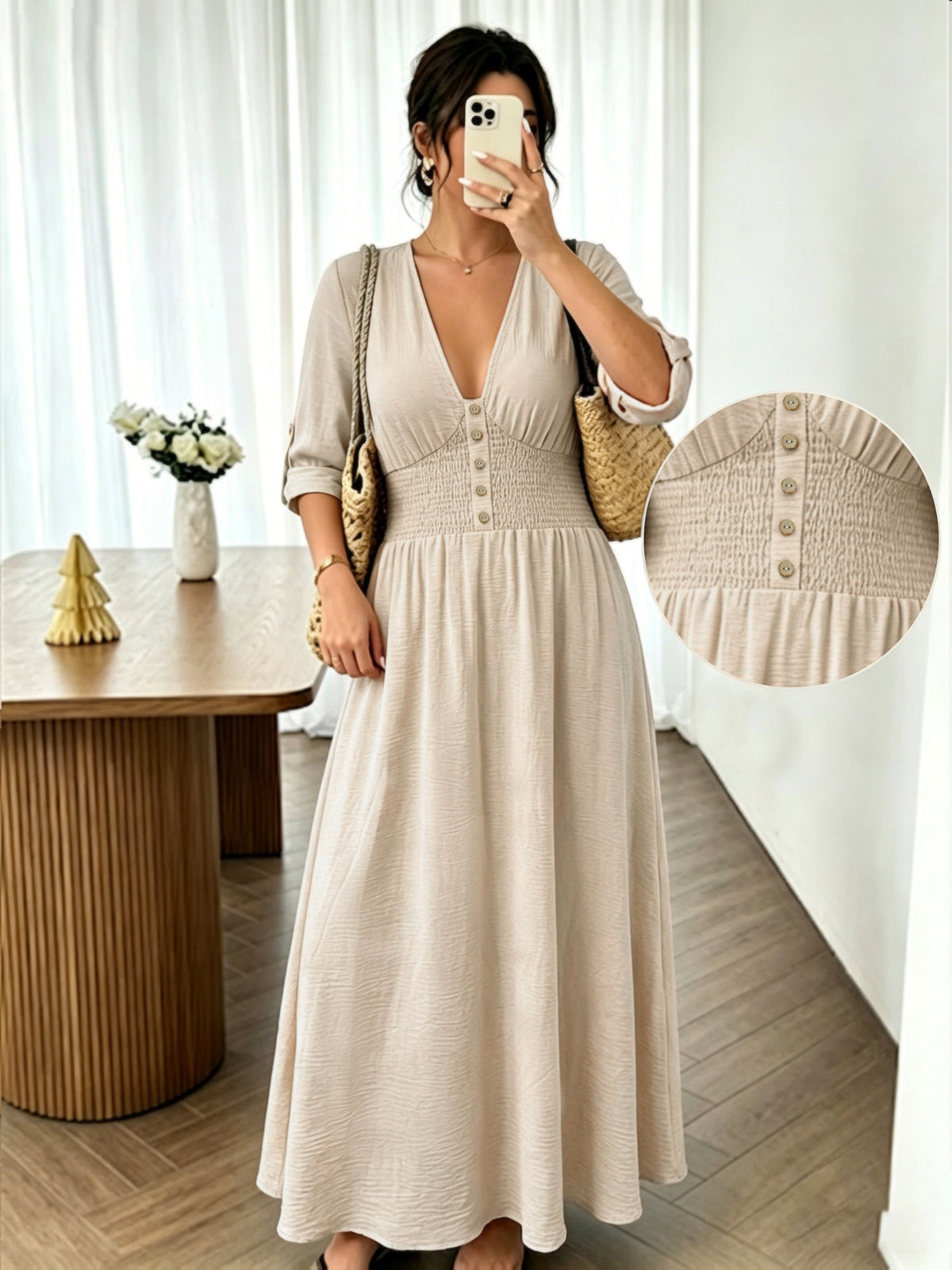 Robe longue grande taille — Écru bohème et taille smockée