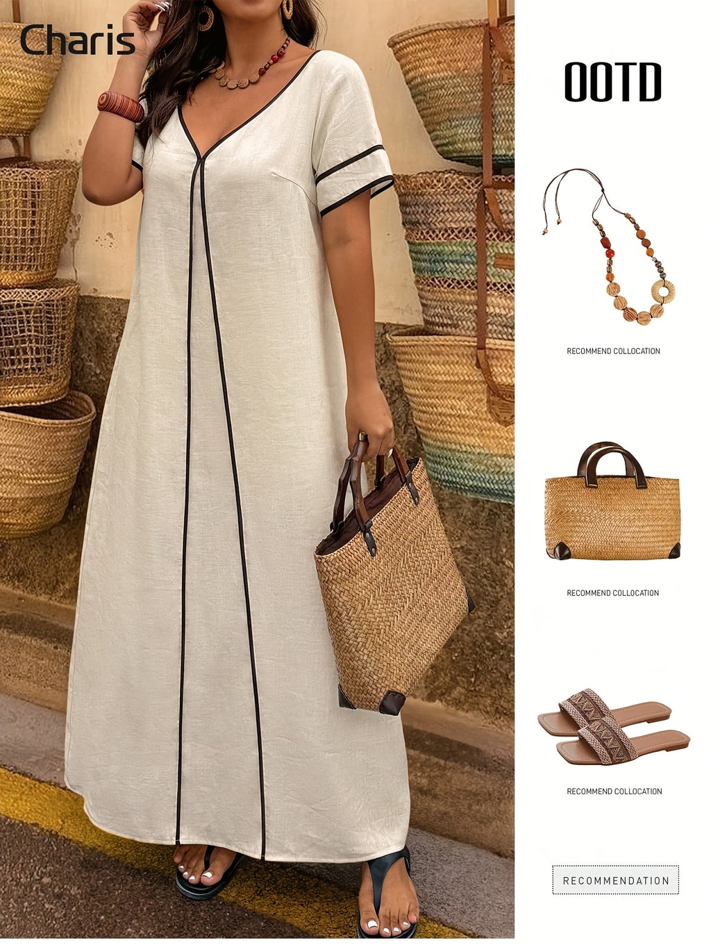 Robe longue grande taille, écrue à manches bordées