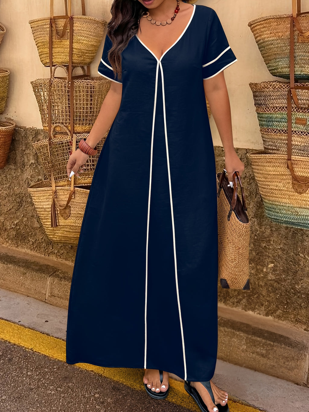 Robe longue grande taille, écrue à manches bordées