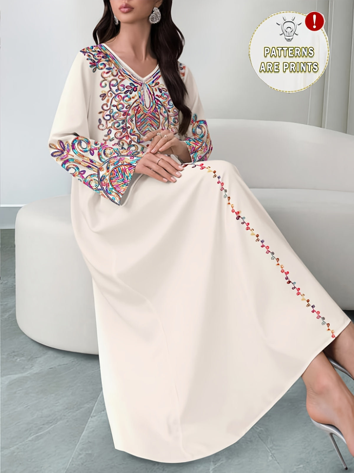 Robe longue grande taille — Écrue à médaillon arabesque