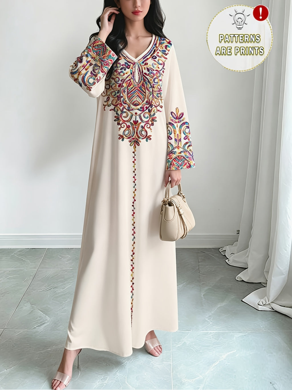 Robe longue grande taille — Écrue à médaillon arabesque