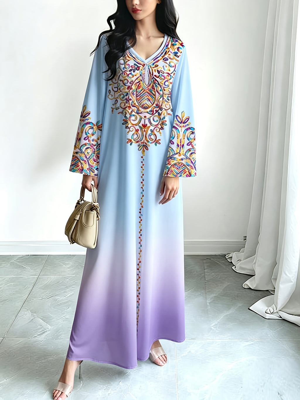Robe longue grande taille — Écrue à médaillon arabesque