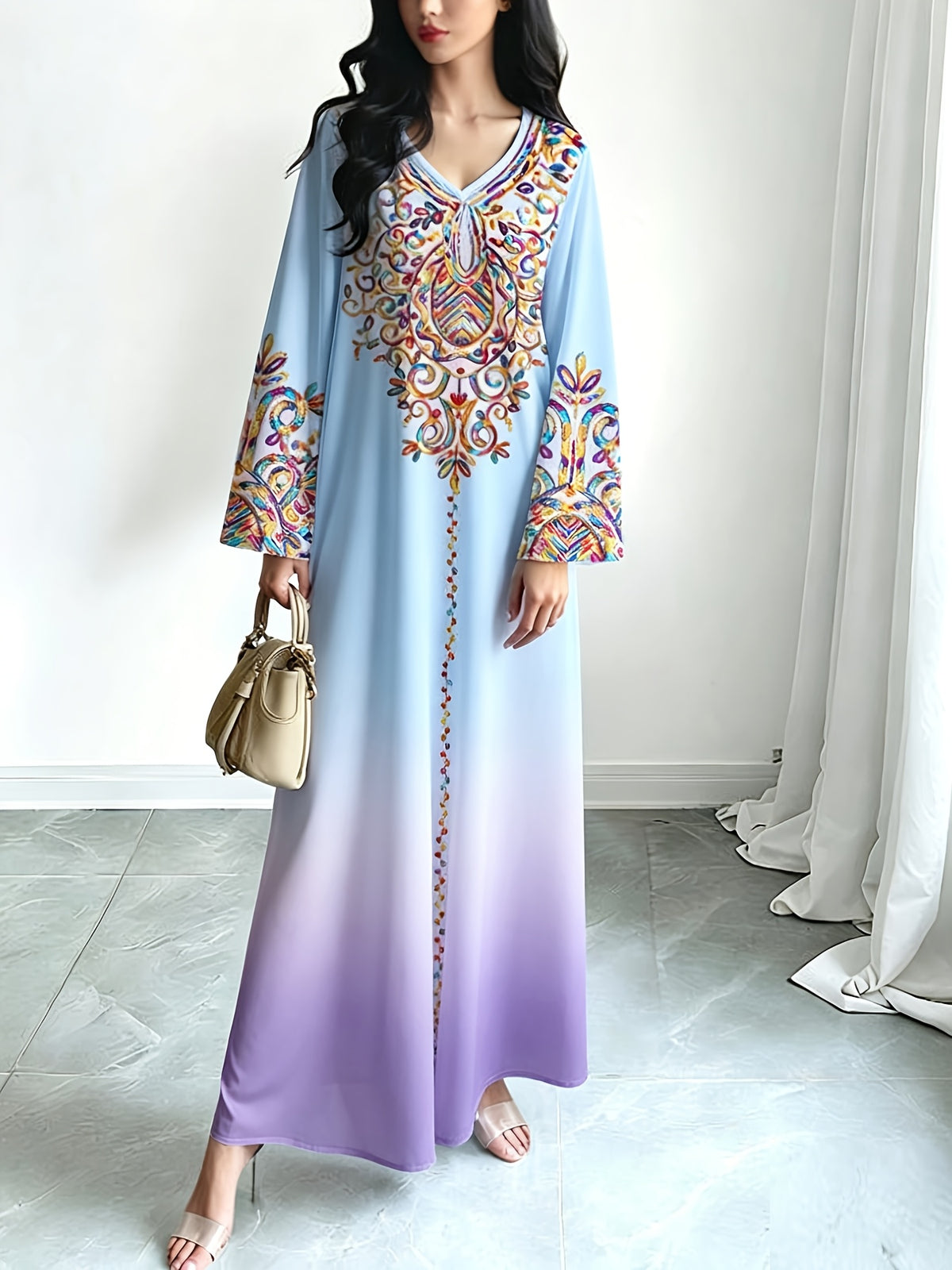 Robe longue grande taille — Écrue à médaillon arabesque