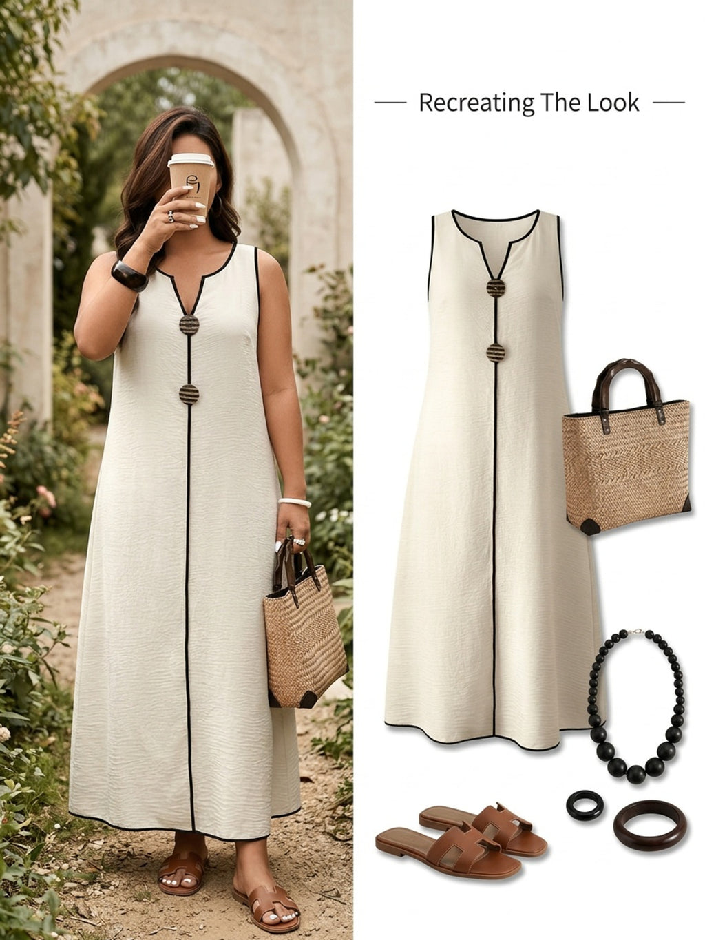 Robe longue grande taille, écrue à passepoil contrasté