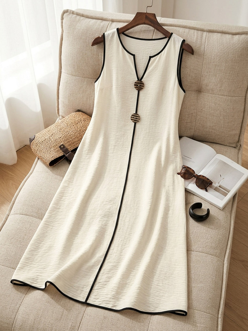 Robe longue grande taille, écrue à passepoil contrasté