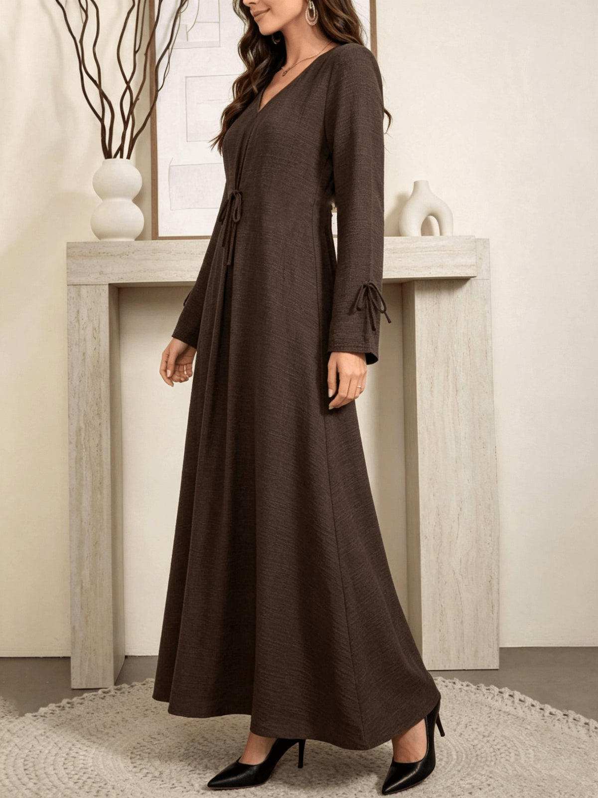 Robe longue grande taille — Col à nouer et poignets liés