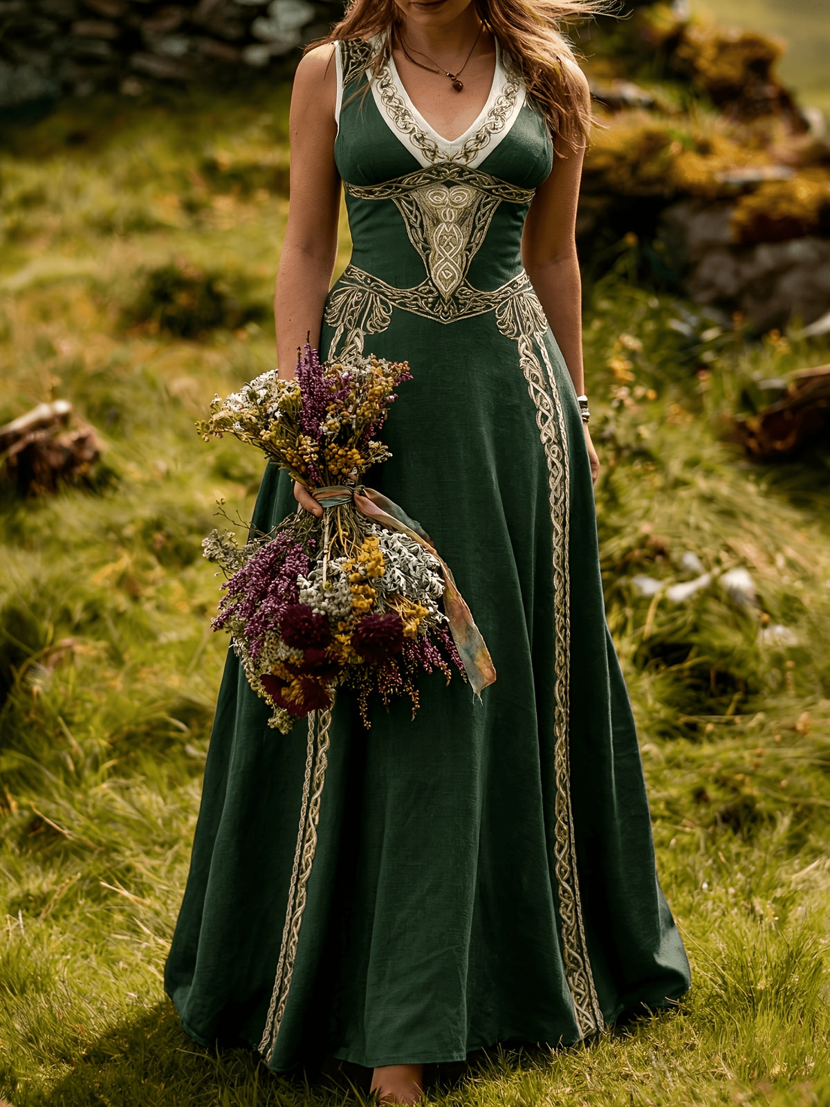 Robe longue grande taille — Entrelacs celtiques et col en V