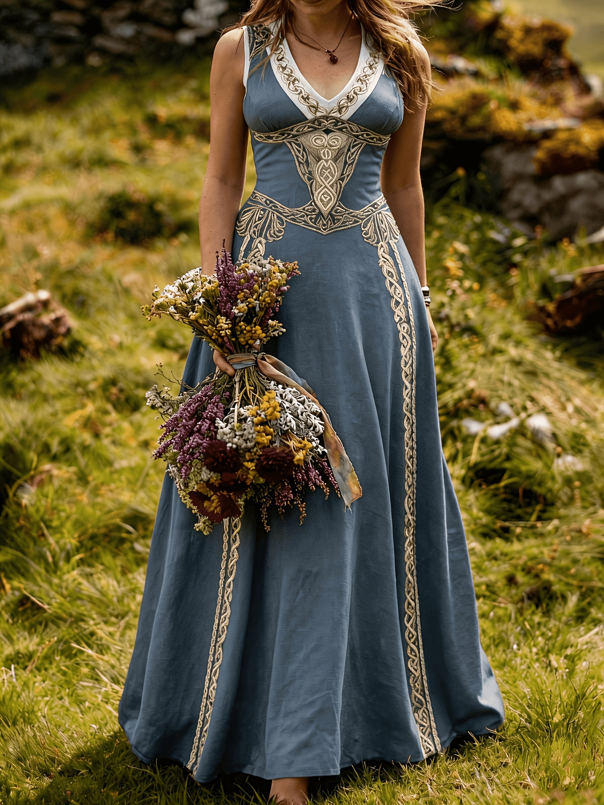 Robe longue grande taille — Entrelacs celtiques et col en V