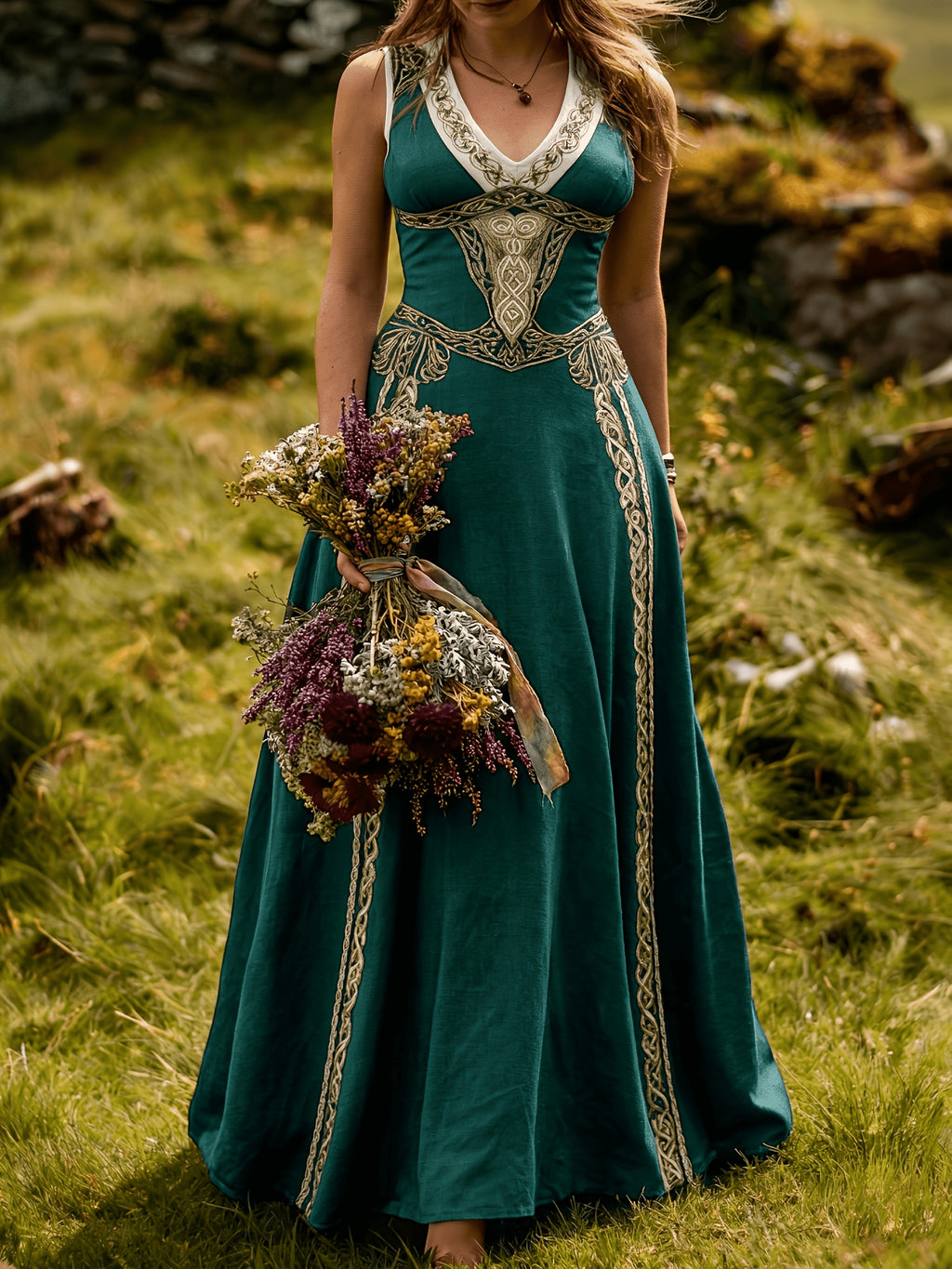 Robe longue grande taille — Entrelacs celtiques et col en V