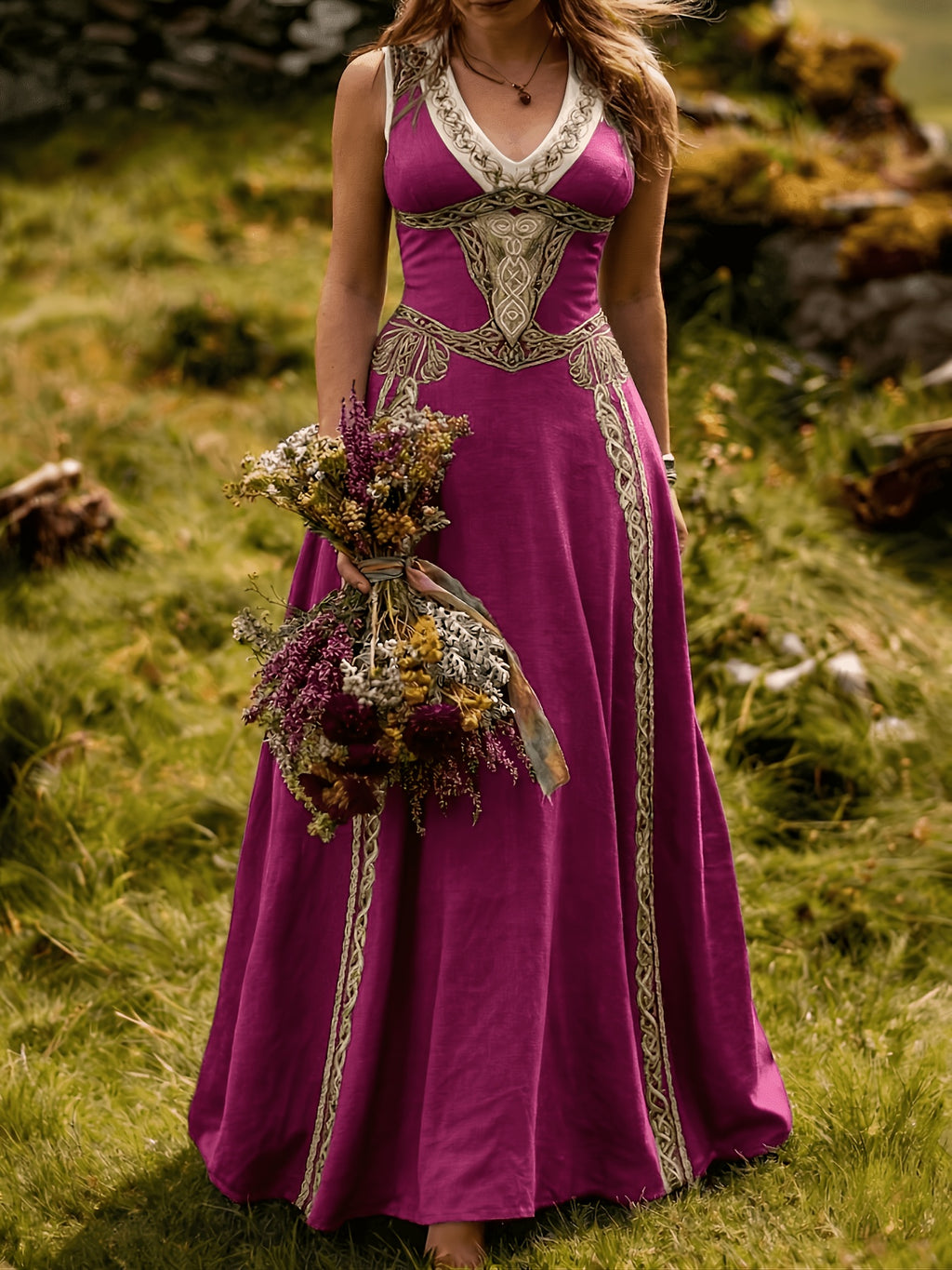 Robe longue grande taille — Entrelacs celtiques et col en V