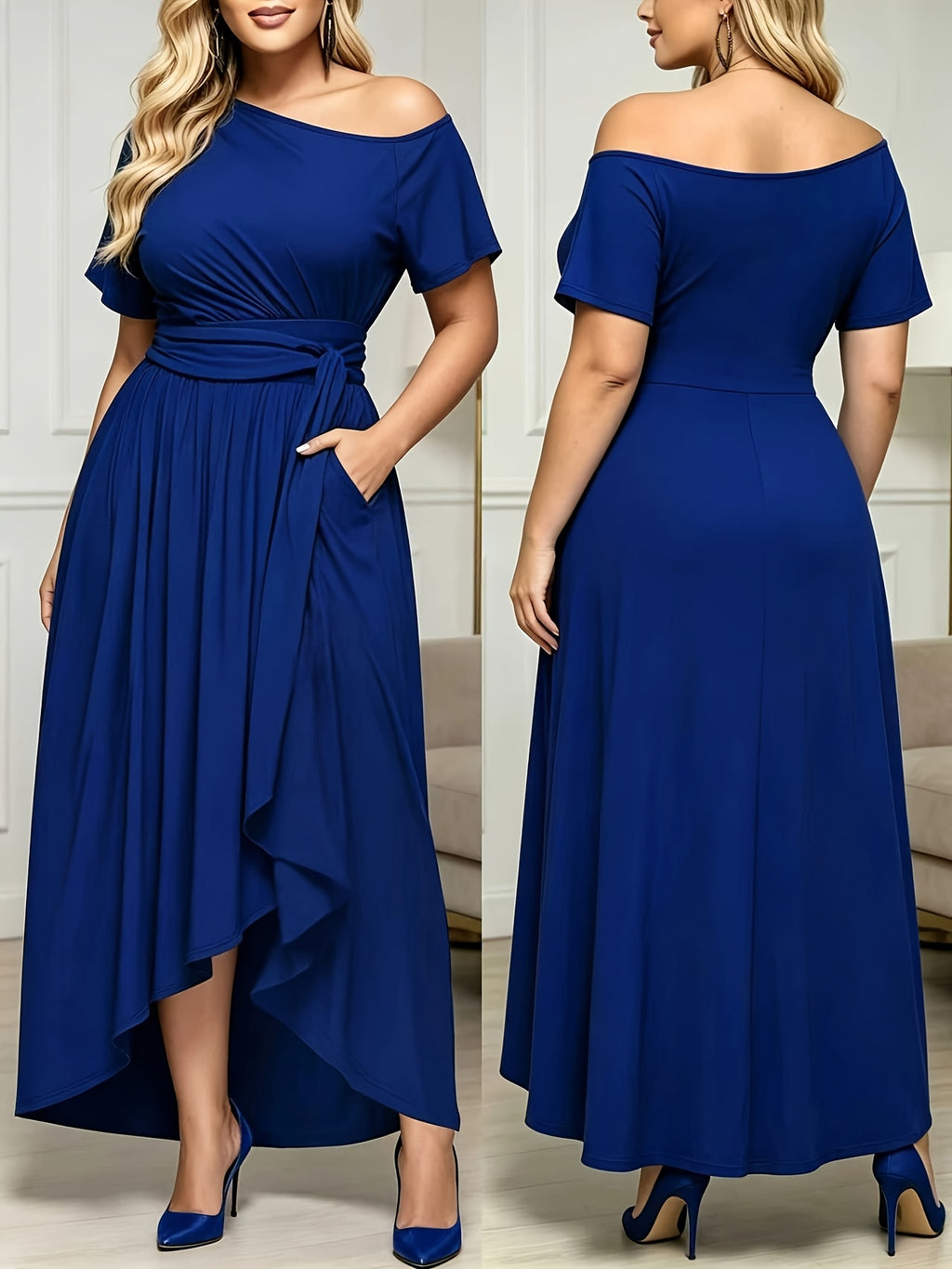 Robe longue grande taille — Épaules nues et pan asymétrique