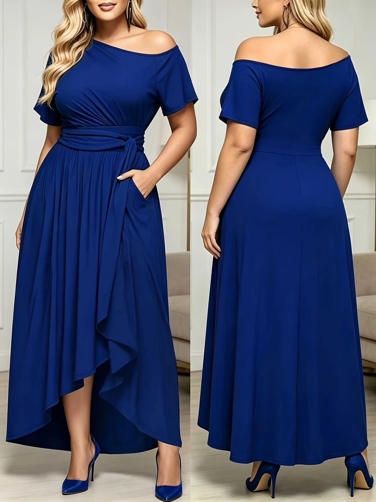 Robe longue grande taille — Épaules nues et pan asymétrique