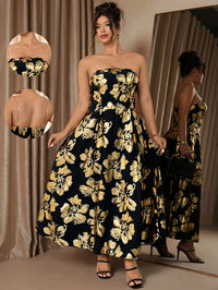 Robe longue grande taille — Fleurs dorées estampées sur fond noir