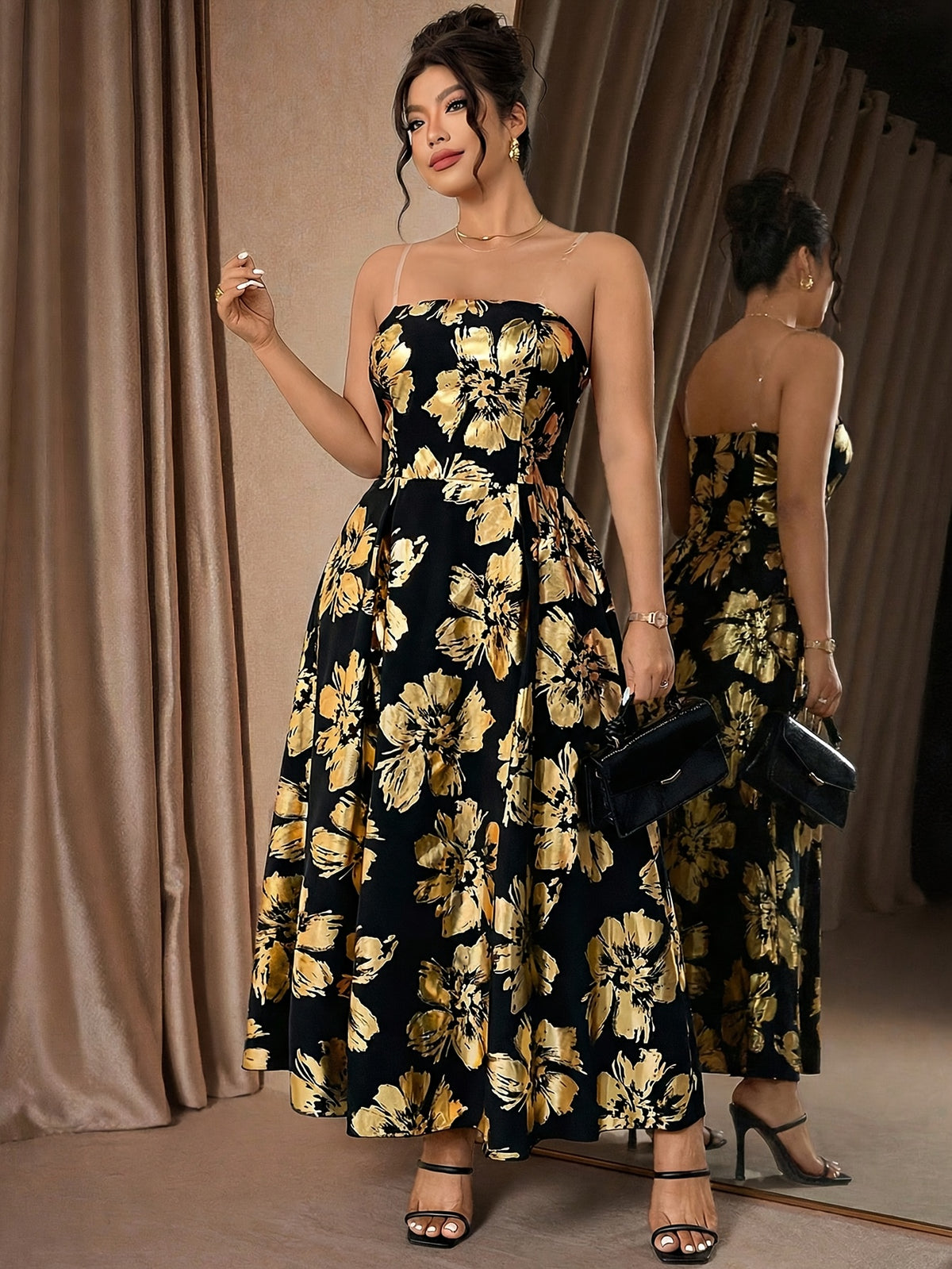Robe longue grande taille — Fleurs dorées estampées sur fond noir