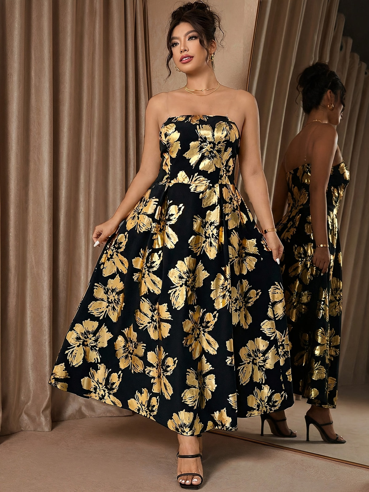 Robe longue grande taille — Fleurs dorées estampées sur fond noir