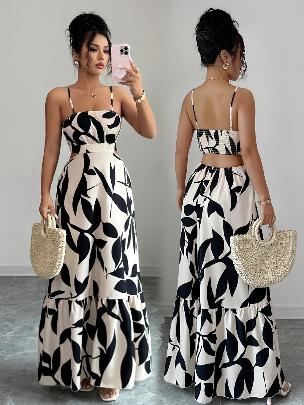 Robe longue grande taille — Feuillage noir et découpes ouvertes