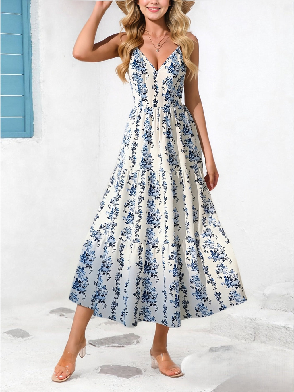 Robe longue grande taille — Fleurs bleues en bandes verticales