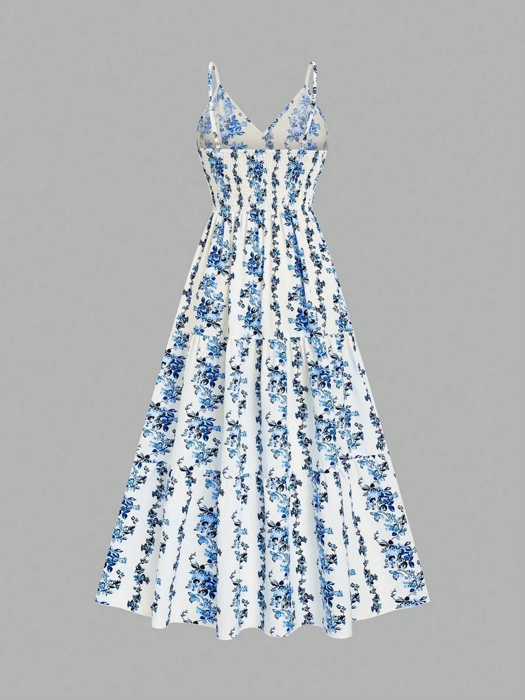 Robe longue grande taille — Fleurs bleues en bandes verticales