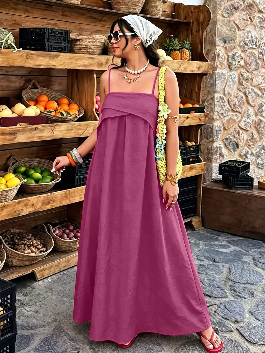 Robe longue grande taille — Fuchsia à rabat sur le buste