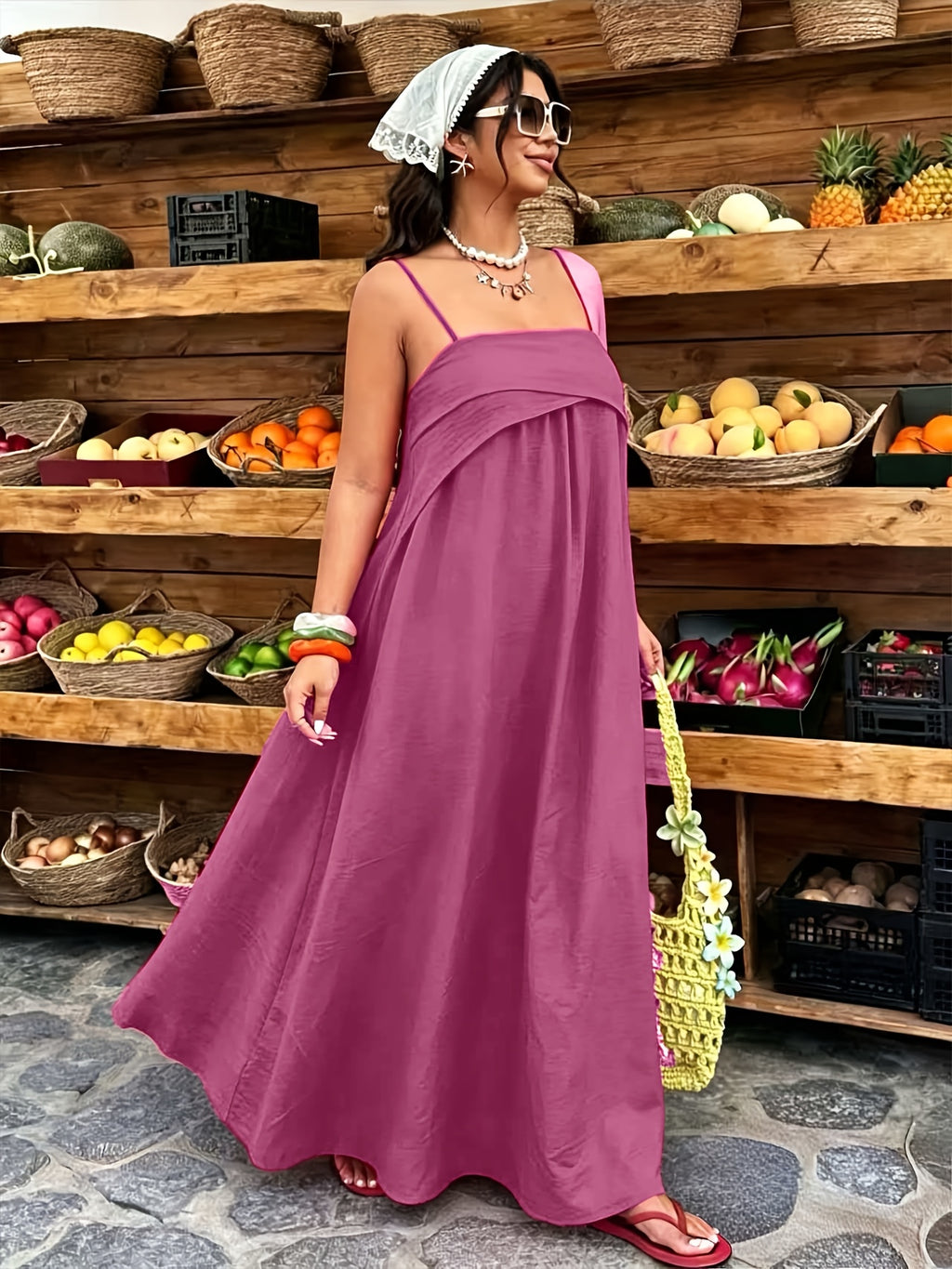 Robe longue grande taille — Fuchsia à rabat sur le buste