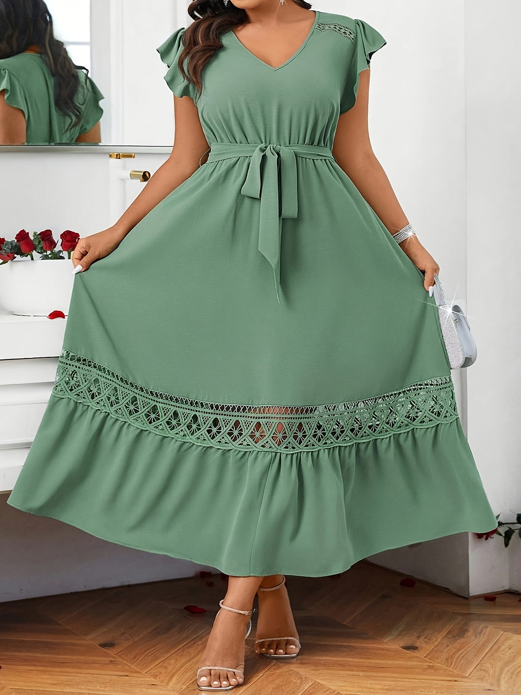 Robe longue grande taille — Galon ajouré ton sur ton en sauge