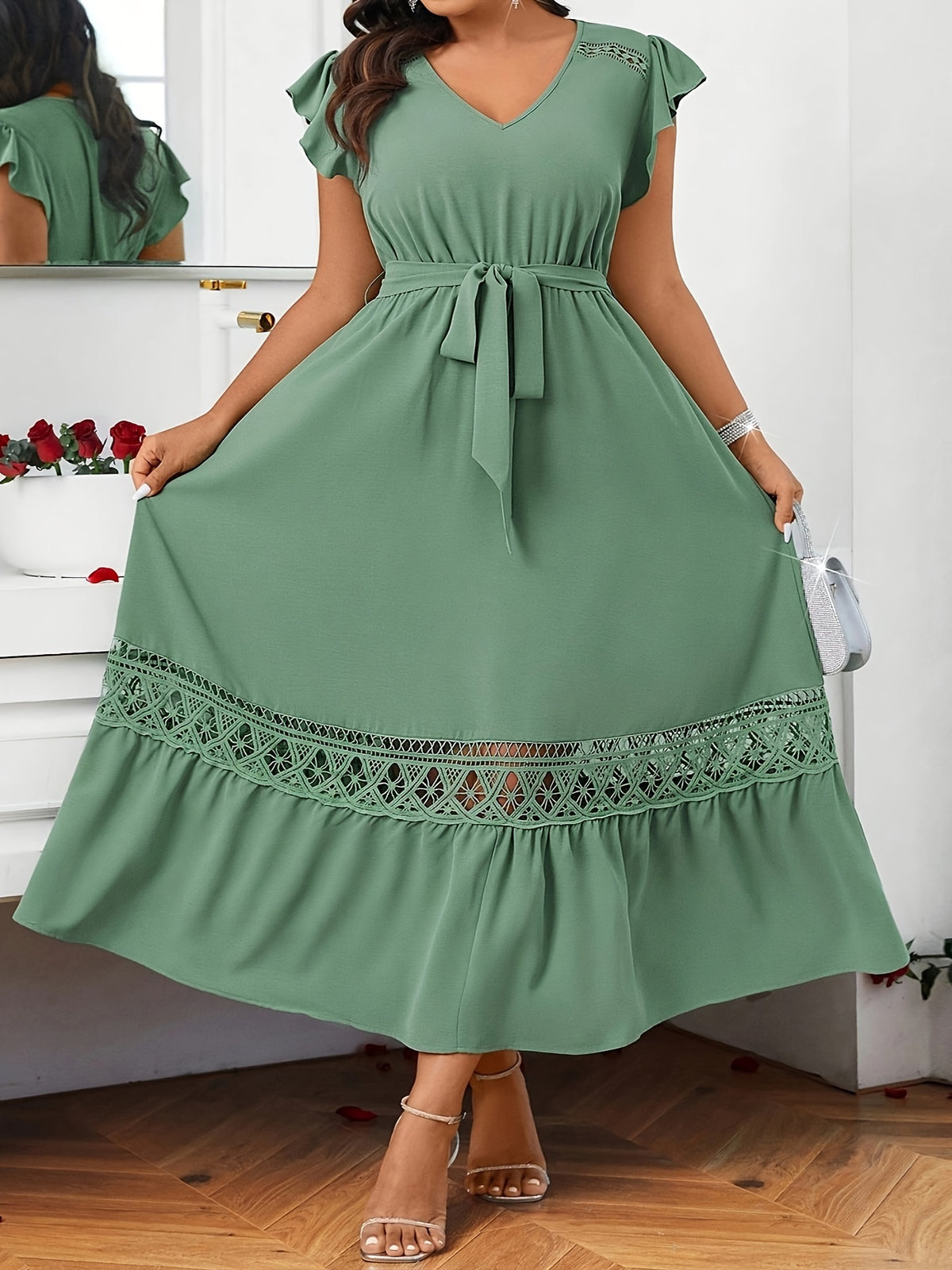 Robe longue grande taille — Galon ajouré ton sur ton en sauge