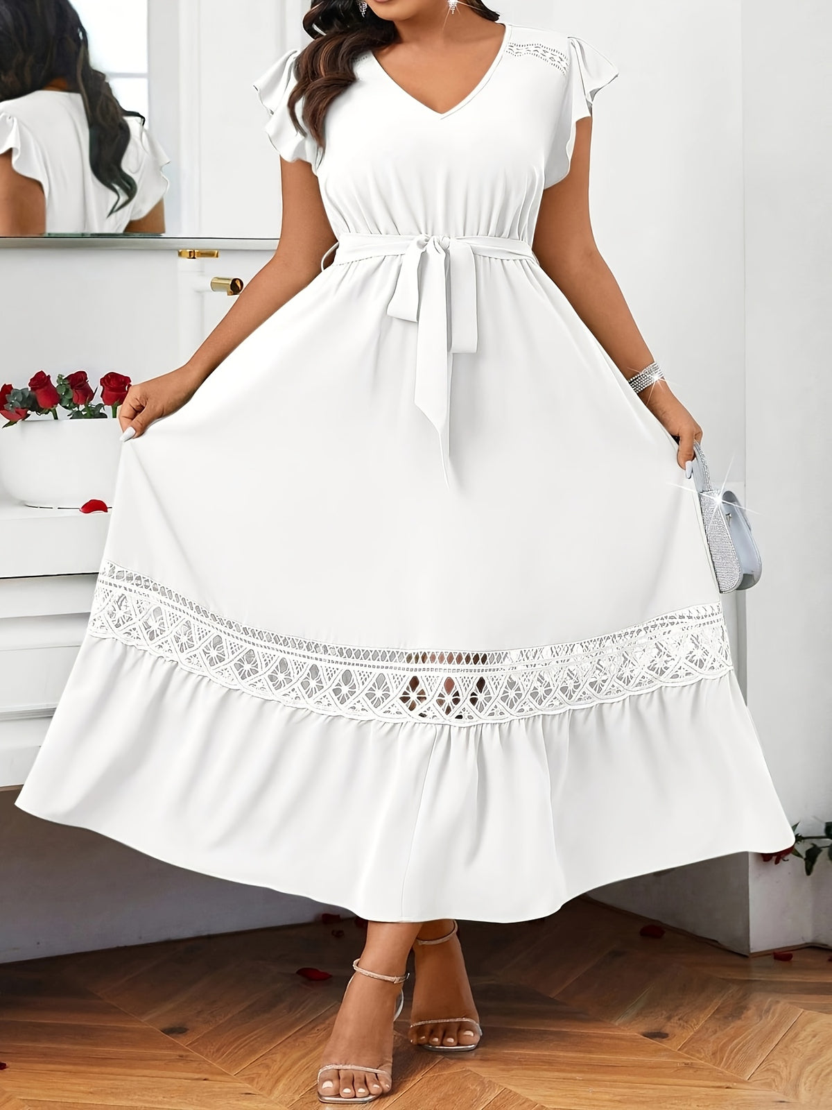 Robe longue grande taille — Galon ajouré ton sur ton en sauge