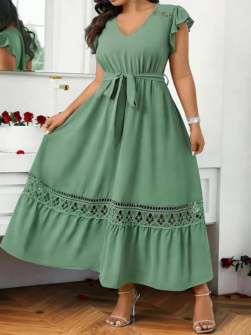 Robe longue grande taille — Galon ajouré ton sur ton en sauge