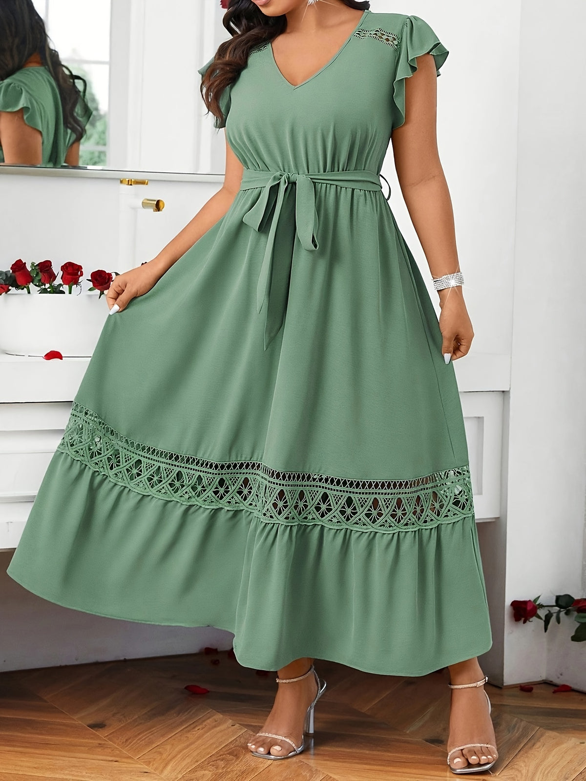 Robe longue grande taille — Galon ajouré ton sur ton en sauge